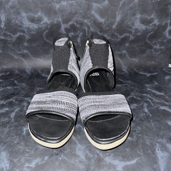 Eileen Fisher Knit Platform Sandals Black White Stretch Ankle Cuff Size 6.5 - Picture 2 of 7